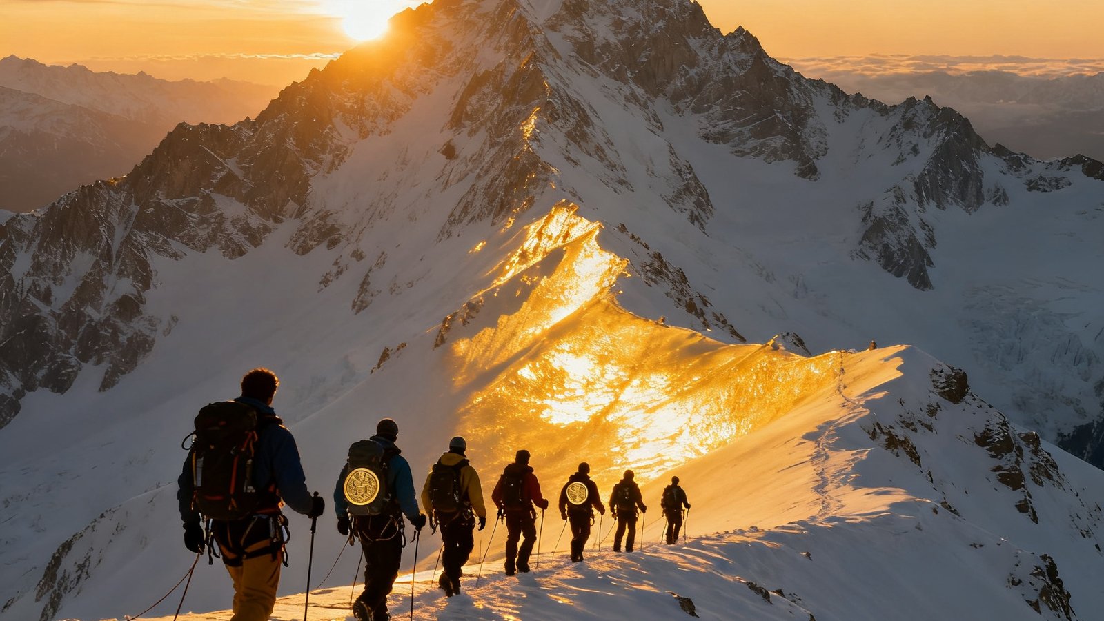 一支由币游·国际教练带领的户外探险队伍在黎明时分的雪山山脊上行进，金色晨光洒在雪峰之上，队员们身着专业装备稳步前行