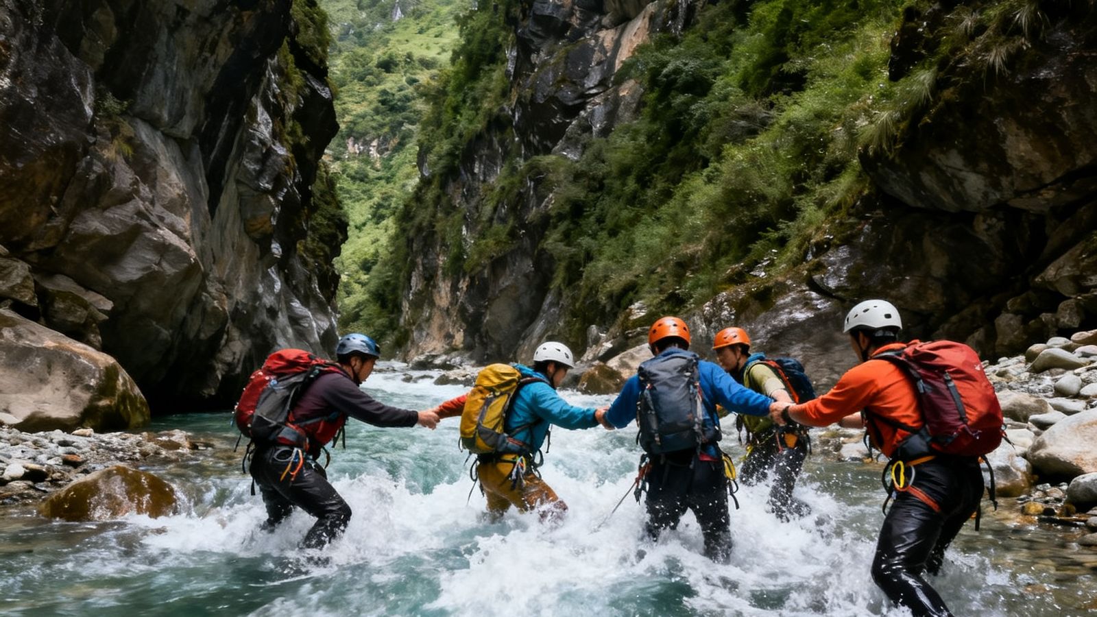 一支定制探险小队在云南怒江大峡谷中涉水穿越，两岸是陡峭的岩壁，队员们相互协助通过湍急的溪流
