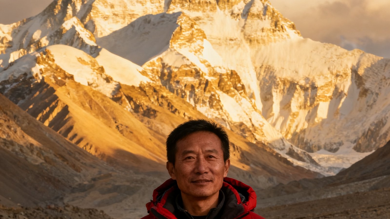 币游·国际首席登山教练张远峰站在珠穆朗玛峰大本营前，身着红色冲锋衣，背后是巍峨的珠峰北坡，他曾8次参与珠峰保障工作