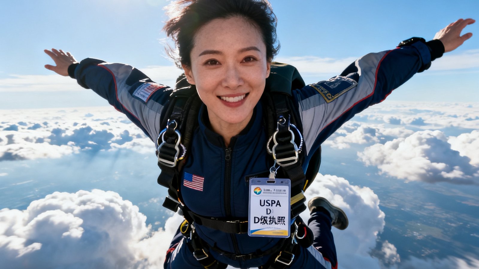 币游·国际极限运动总监林雪在万米高空的跳伞训练中展现专业姿态，她是前国家队跳伞运动员，持有USPA D级执照