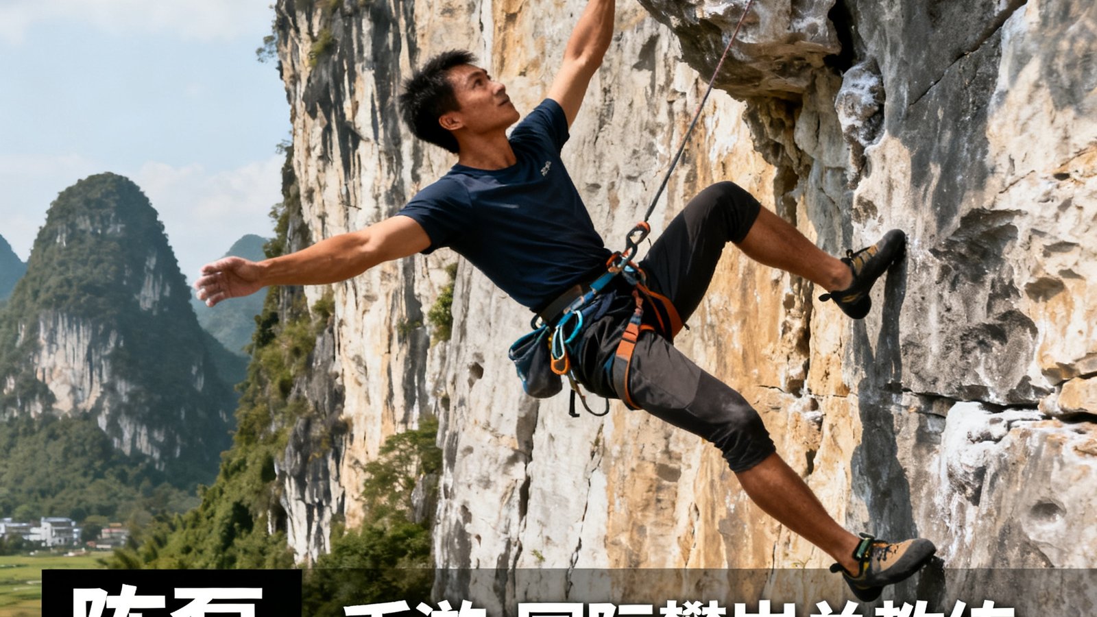 币游·国际攀岩总教练陈磊在广西阳朔著名的月亮山岩壁上展示高难度攀岩动作，他曾三次获得全国攀岩锦标赛冠军
